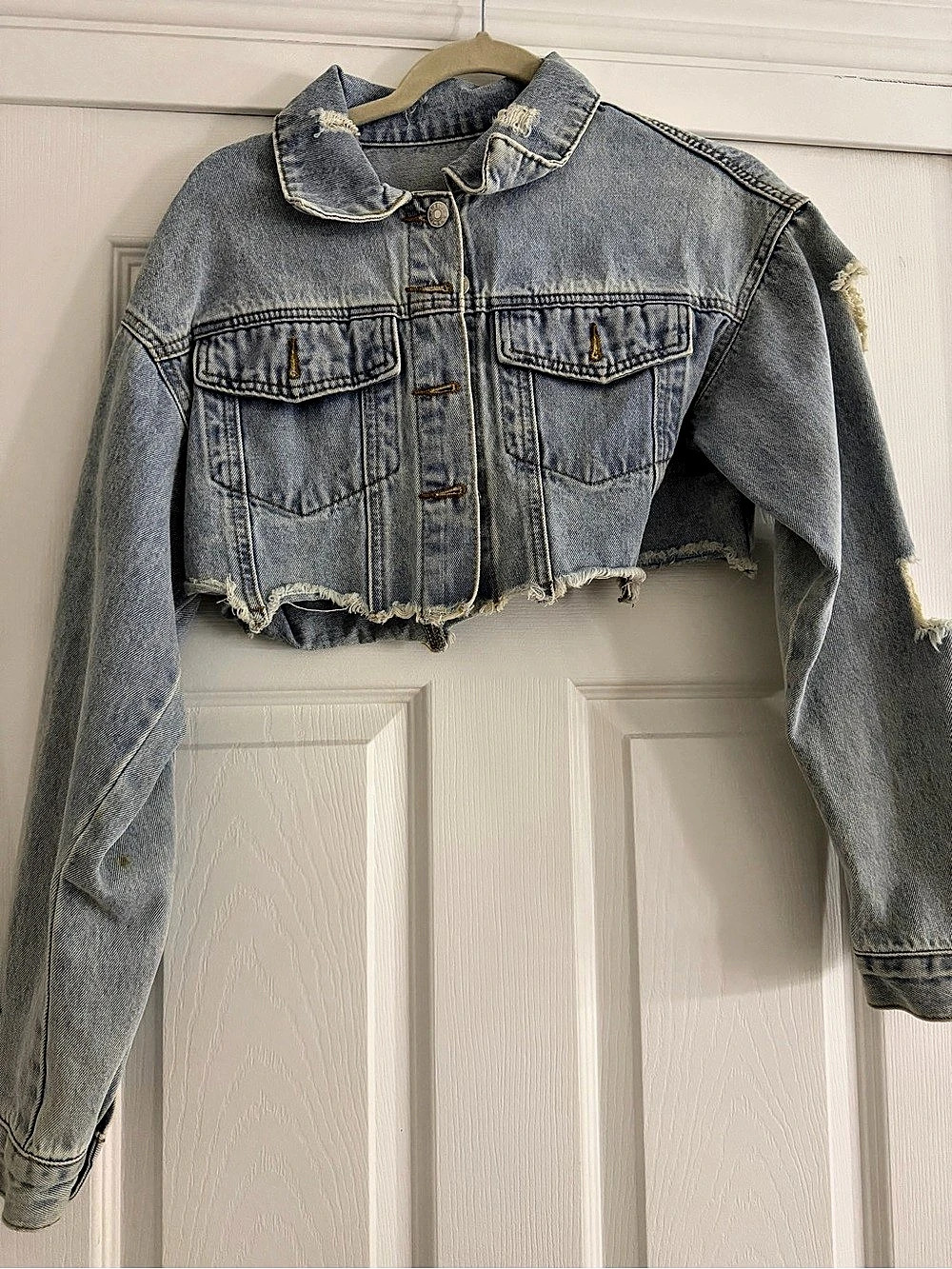 Distressed Cropped Denim Jacket in Blue